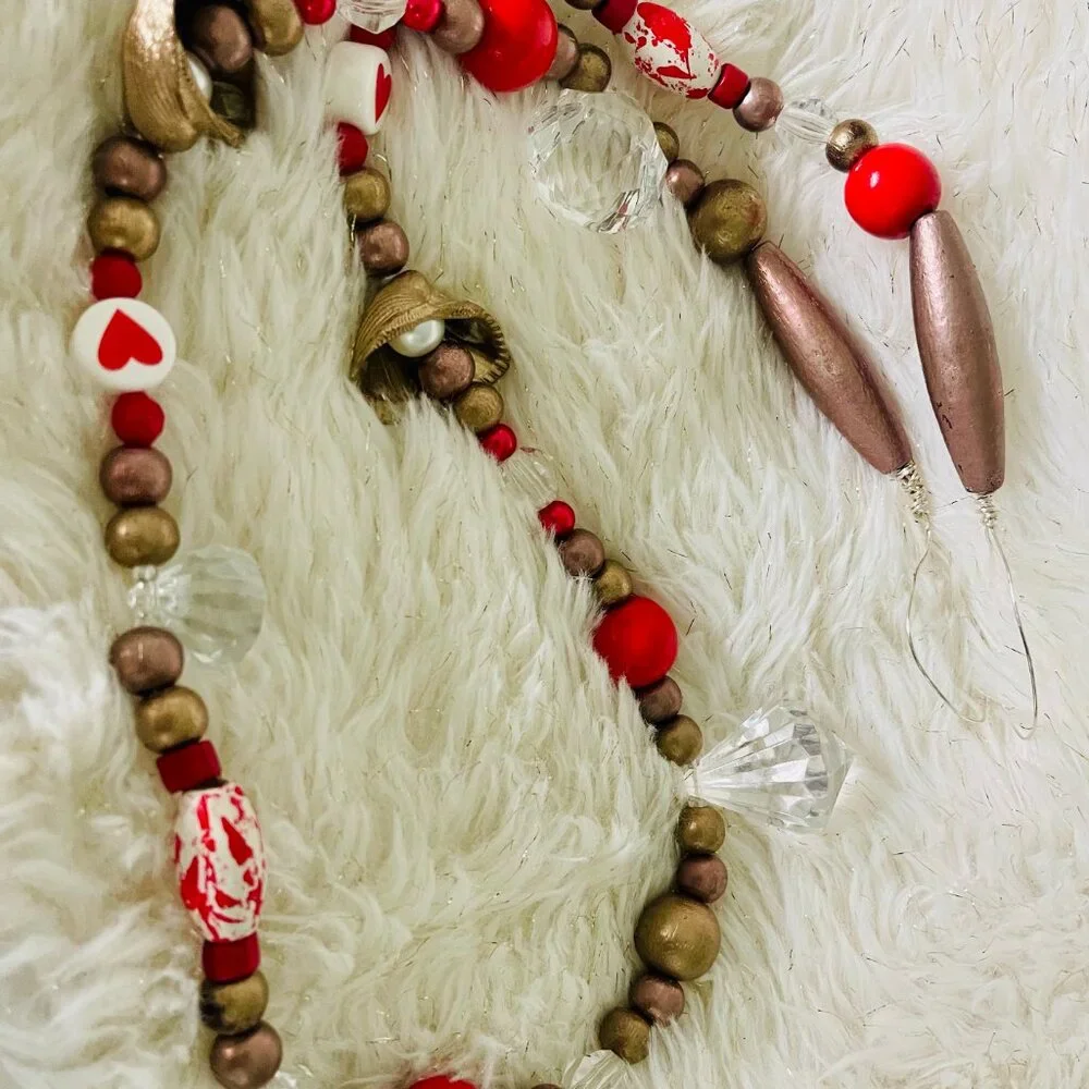 Hand Painted Beaded Valentine Garland- Red Hearts & Gold Seashells #3912